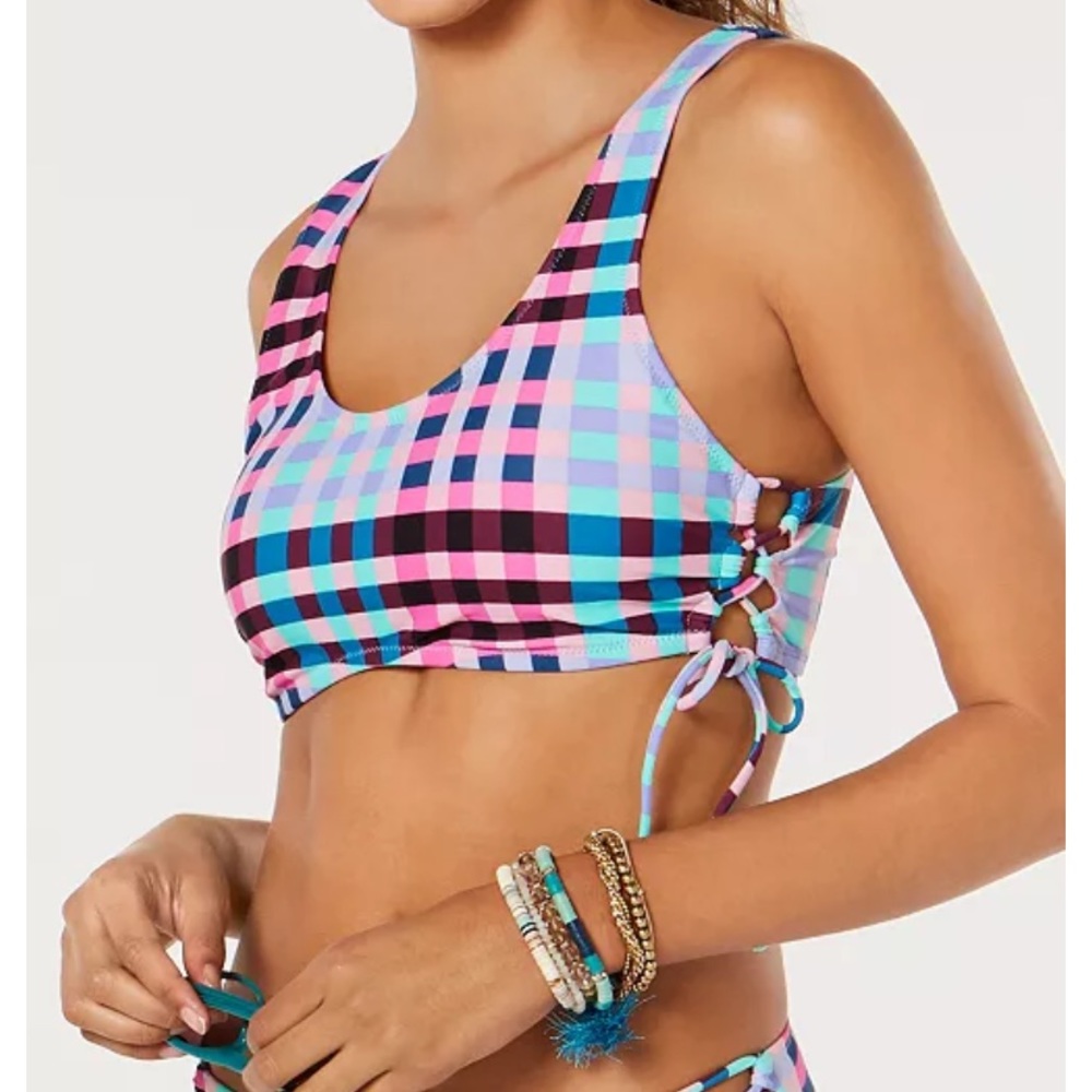 NWT Hula Honey Girls Check It Out Print Bikini Swim Top Juniors Teen Side Tie